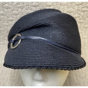 Eugenia Kim Navy Blue Woven Mia Cap Hat M NWT $290 Pleated Buckle Newsboy